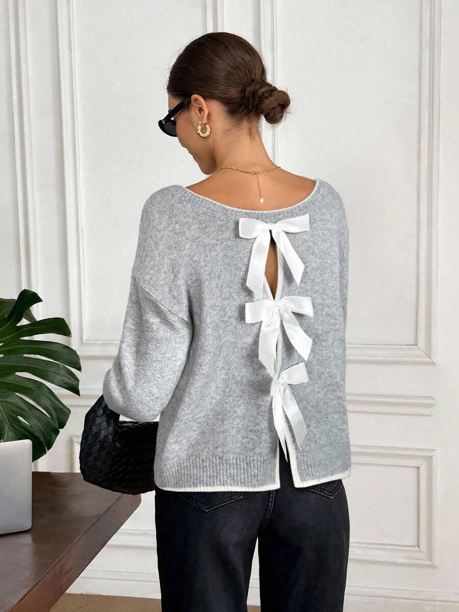 Serisse Suéter holgado con lazo en la espalda y ribete de contraste, para otoño/invierno - Gris Claro - Ver 1