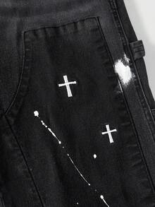 ROMWE MEN Street Life Men's Cross Embroidery Pattern Denim Jeans - Black - View 4