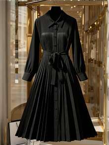 GlowEve CURVE Plus Size Women's Elegant Long Sleeve A-Line Black Dress, Suitable For Daily Commute And Outings - Black - View 1