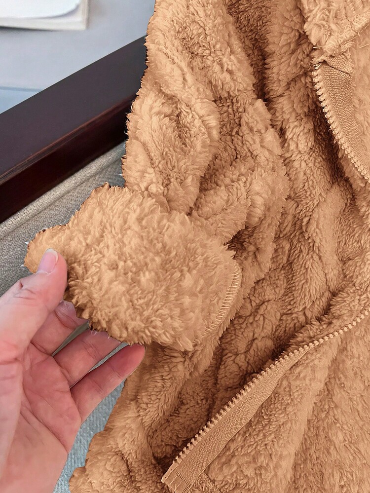 Kids Fall/Winter Clothes Young Girl Knitted Solid Color Fluffy Letter Embroidery Hooded Loose Flannelette Warm Casual Jacket,Autumn/Winter,Great For Casual & Daily Wear & School . Kids Hooded Jacket Girls Fleece Jacket Kids Autumn Jacket Winter Coat For Girls Girls Casual Jacket - Brown - View 6