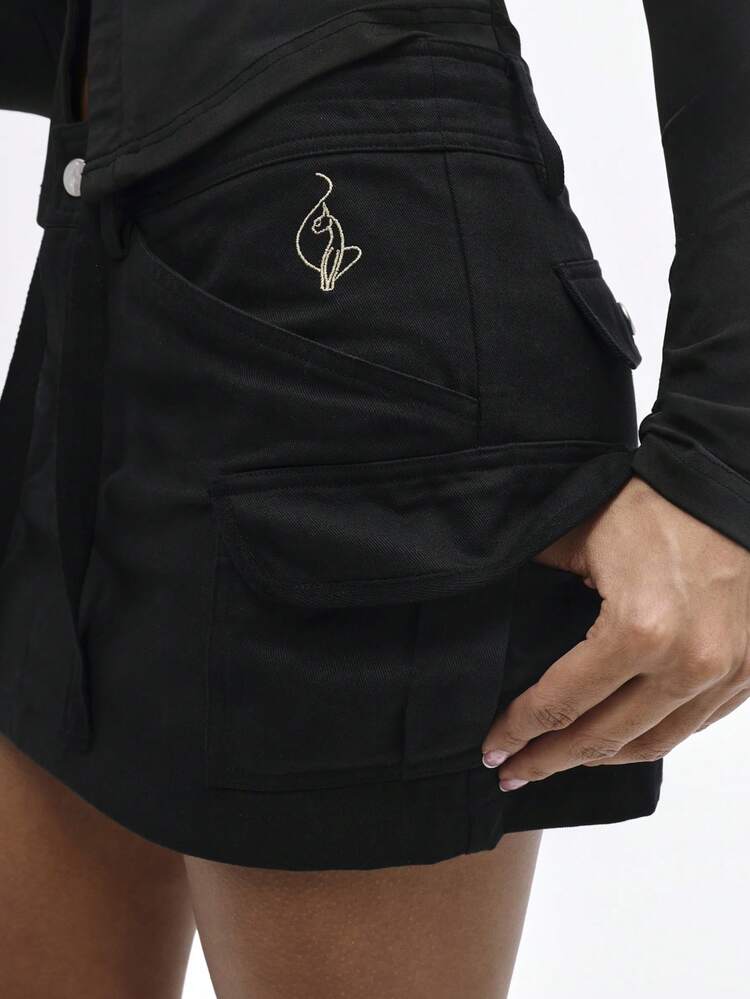 BABYPHAT Women's Black Cargo Mini Skirt With Logo Detail And Side Pockets Casual A-Line Style
