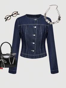 Sweetra Áo khoác denim thường ngày dành cho nữ - Màu xanh lam - Xem 1