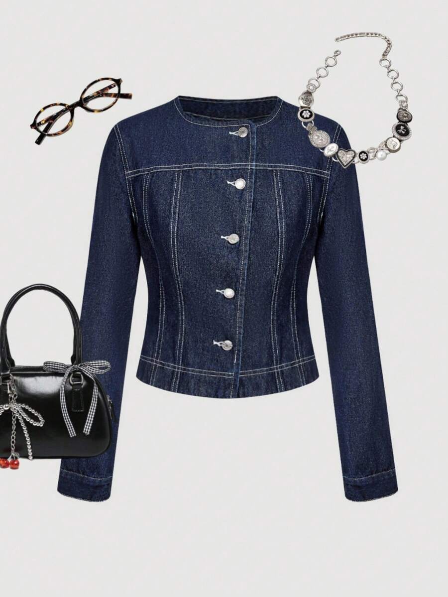 Sweetra Áo khoác denim thường ngày dành cho nữ - Màu xanh lam - Xem 1