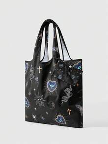 ROMWE Fairycore 1pc Foldable Cartoon Pentagram Printed Tote Bag For Women - Black - View 5