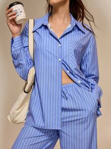 Hanevo 2pcs Women's Blue And White Stripe Loungewear,Collared Button-Up Long Sleeve Top & Waist Tie Pants Set,Elegant Casual Autumn Outfit For Commute - Blue and White - View 3