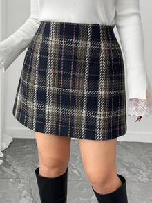 Dazy Plus 时尚格纹修身迷你直筒裙，优雅百搭，通勤必备 - 藏蓝色 - 查看 1