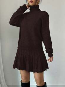 Rafferiza 2pcs Set: Solid Color Loose Pleated Skirt & Turtleneck Sweater - Coffee Brown - View 5