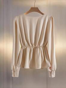 SHEIN Franclia Áo cánh nữ cổ chữ V, tay dài, xếp ly vai và vải dệt, mặc hàng ngày, phong cách thời trang - Rượu sâm banh - Xem 2