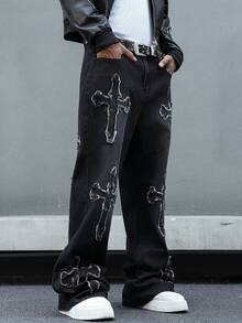 GALLERY FADE Jeans en denim gris foncé style casual de rue avec patch brodé pour hommes - Gris foncé - Voir 5