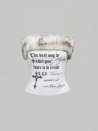 Grunge Punk ملابس علوية كروب ضيق مطبوع بحرف X من الفرو الاصطناعي بتصميم ملون من الحقبة الرقمية Y2K بقصة حالك جذابة