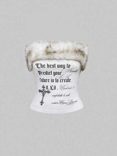 Grunge Punk ملابس علوية كروب ضيق مطبوع بحرف X من الفرو الاصطناعي بتصميم ملون من الحقبة الرقمية Y2K بقصة حالك جذابة