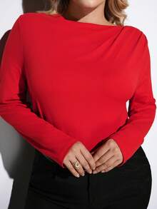 Maija 女式不对称褶皱设计修身长袖上衣，都市通勤商务休闲办公装，优雅适合圣诞派对、新年庆祝，红色衬衫 - 紅色 - 查看 5