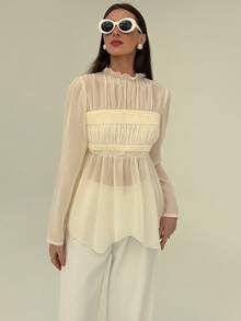 Aloruh Áo cánh nữ màu mơ tay dài boho cổ điển họa tiết chắp vá viền bất đối xứng lãng mạn - Màu be - Xem 3