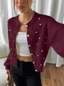 EURMUSE Damen einfarbiger Knopf-Laternenschlitz-Perldetail Oversize Strickjacke - Bordeaux - Übersicht 1