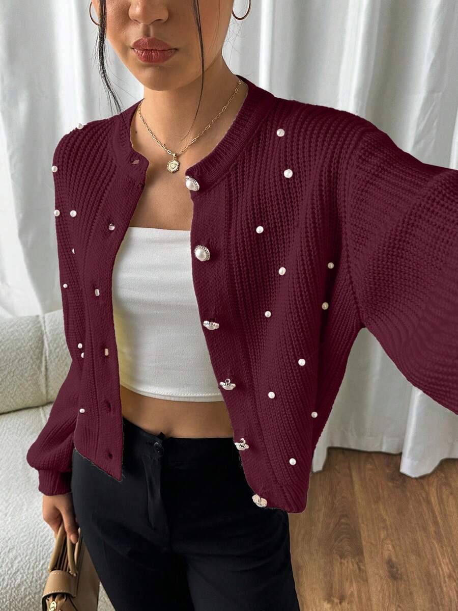 EURMUSE Damen einfarbiger Knopf-Laternenschlitz-Perldetail Oversize Strickjacke - Bordeaux - Übersicht 1