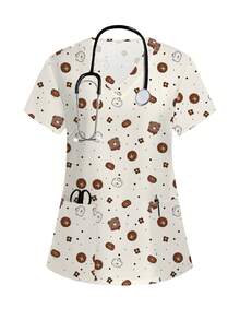 PopScrub Cartoon Print Short Sleeve Scrub Uniform Top Valentine's Day - Multicolor - View 1