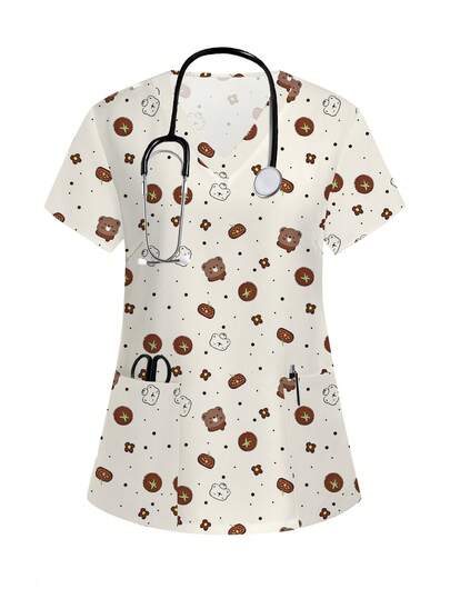 PopScrub Cartoon Print Short Sleeve Scrub Uniform Top Valentine's Day