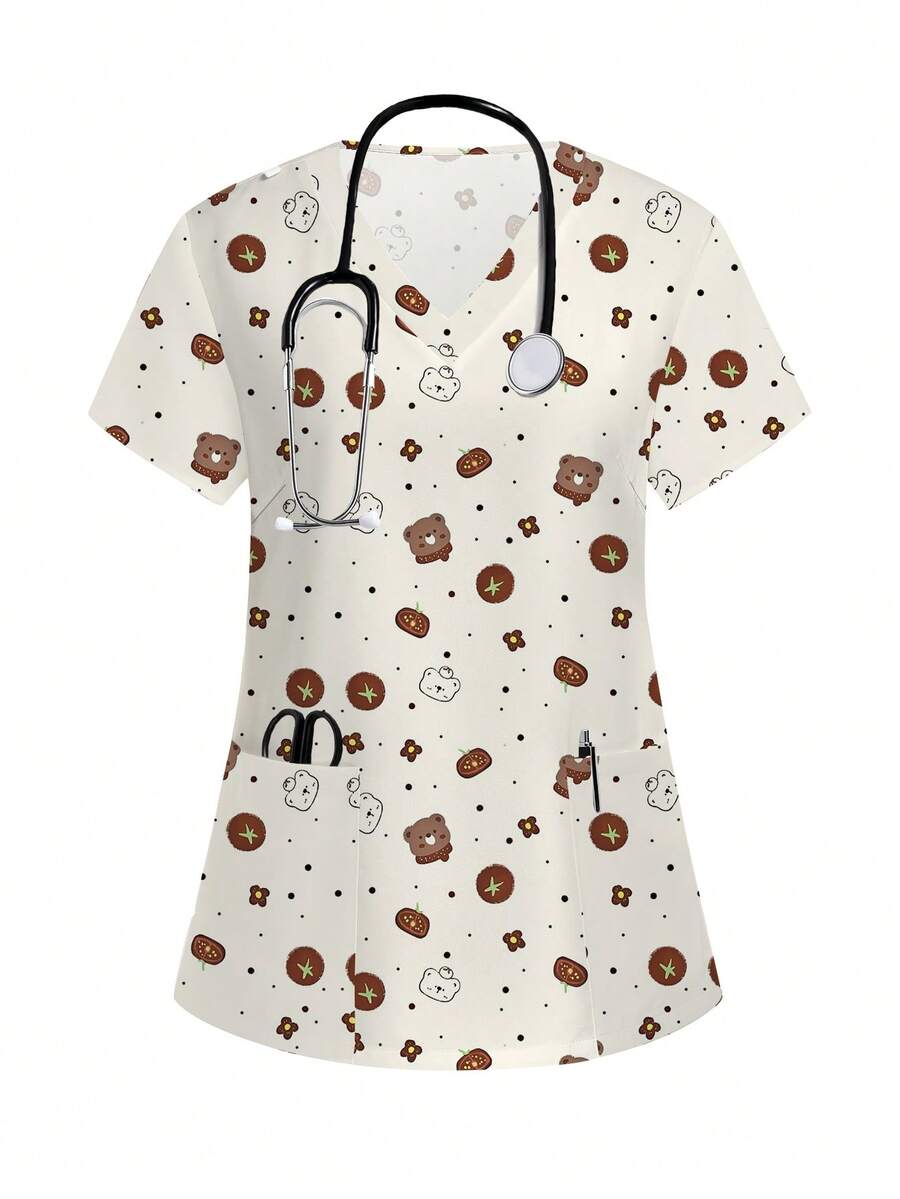 PopScrub Cartoon Print Short Sleeve Scrub Uniform Top Valentine's Day - Multicolor - View 1
