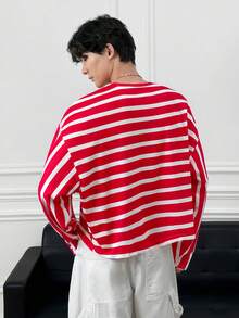 ESTAVOR 男士休闲通勤字母刺绣条纹落肩长袖T恤 - 紅色 - 查看 4