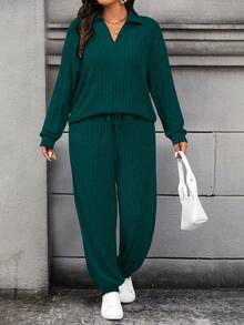 Calvaya Plus Size Casual Solid Color Long Sleeve Top And Pants 2 Pieces Set, Autumn - Dark Green - View 5