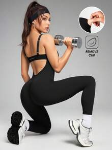 Innovista 女士纯色镂空无袖连体裤，黑色运动连体裤 – 无袖一体式运动连体裤，内置胸罩和可拆卸胸垫，塑形弹力面料，亮面PU腰部拼接，透气网眼后背镂空设计 | 露背收腹运动连体裤，适合瑜伽、普拉提、健身房、高强度间歇训练、跑步、骑行和户外训练 | 高品质日常休闲运动连体裤，简约Y2K风格 - 黑色 - 查看 3