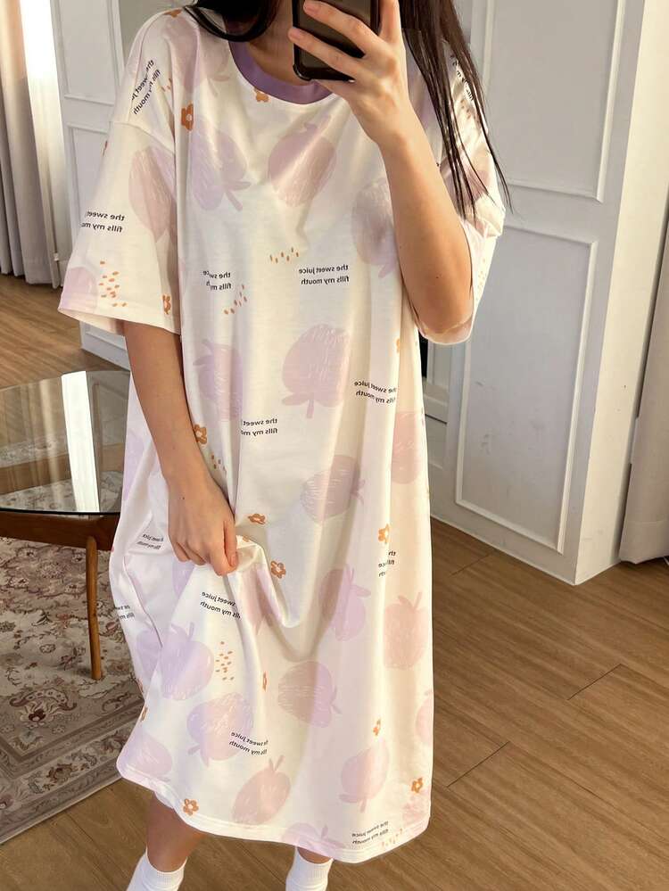 Fruit Print Loose Fit Mid-Length Women Nightgown
