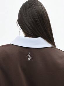 BABYPHAT Áo nỉ phong cách bóng bầu dục cổ điển với sọc tương phản và họa tiết chữ đại học cho trang phục thường ngày mùa thu đông - Cà phê nâu - Xem 6