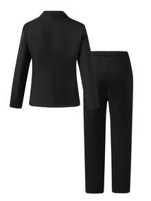 2pcs Black Suit Set:Long Sleeve Mandarin Collar Blazer&Trousers,Summer Cute Formal Tuxedo For Men&Teenagers,Shiny Minimalist Outfit For Weddings,Piano - Black - View 2