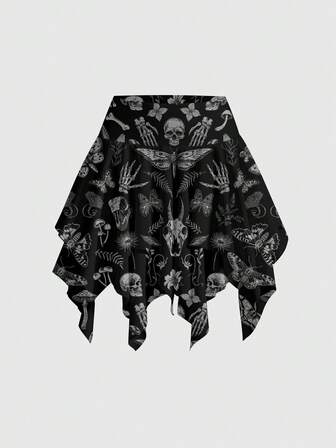 Dunkel mysteriöcker, gotischer, vintage asymmetrischer Saum Rock mit Pflanzen-, Schädel-, Pilz-, Sonne-, Mond- und Sternengrafik, geeignet für Dark Academia, Cottagecore und Goth Ästhetik