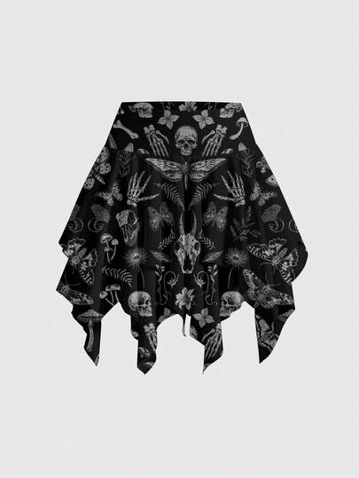 Gonna asimmetrica vintage gotica misteriosa e scura con grafica di piante, teschi, funghi, sole, luna e stelle, adatta per lo stile Dark Academia, Cottagecore e Goth