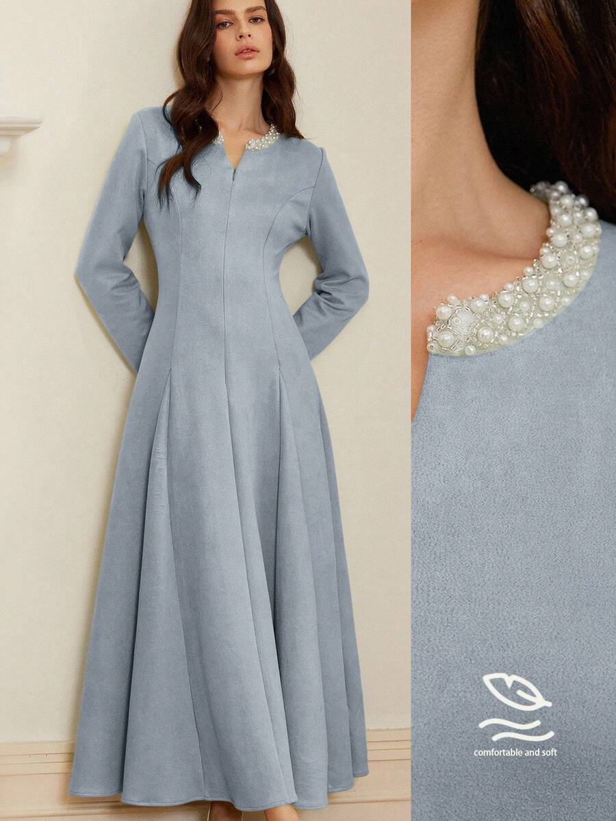 BELROSIE 绿色绒面天鹅绒V领长袖连衣裙,饰有水钻,优雅收腰设计,女士连衣裙 - 藍色 - 查看 1