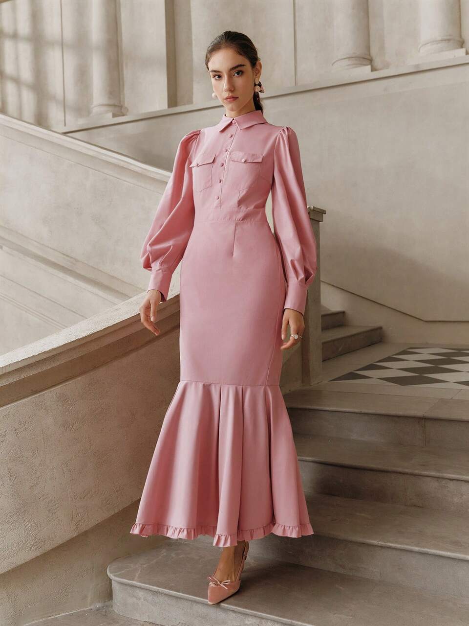 Anewsta Romantic Modern Design Collared Waist Slit Fishtail Dress With Puff Sleeves, Long Sleeve, Pink, Maxi Length For Women