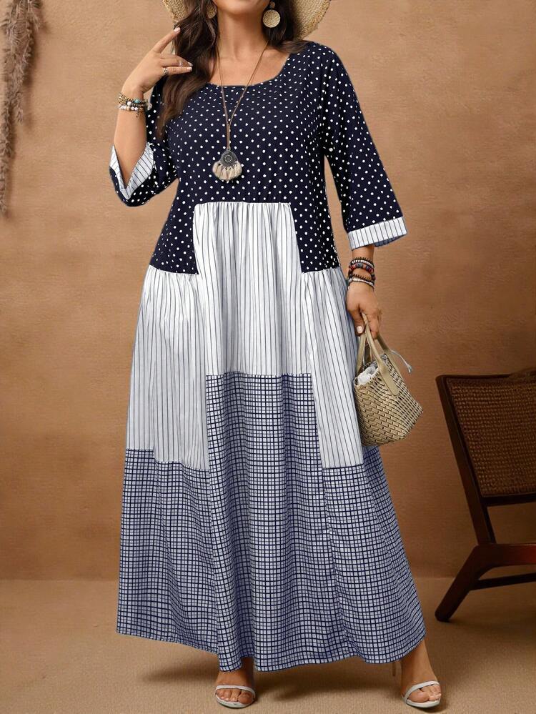 Plus Size Women's Fall/Early Spring Casual Fashion Vacation Round Neck 3/4 Sleeve Polka Dot, Plaid & Striped Patchwork Dress,,Plus Size Women Fall Casual Vacation Round Neck Polka Dot, Plaid & Striped Patchwork Navy Blue Long Dress, Navy Blue Dress,Fall Dresses For Women,Flowy Dress, Boho Dresses For Women, Polka Dot Dresses For Woman,Going Out Outfits,2026 New Clothes,Simple And Fashionable For Everyday Wear,Spring Outfits For Women,Spring Outfits For Women,  Plus Size Vacation Dress, Plus Size Boho Dress, Plus Size Resort Wear,Vacation Outfits Women ,Holiday Outfits For Women,Spring Outfit Women,Spring/Summer,Holiday Outfits For Women, Daily Wear, Festival Outfits For Women,Gifts For Mother