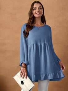 EMERY ROSE Bluzka damska w dużym rozmiarze, jednokolorowa, z okrągłym dekoltem i długim rękawem, z falbaną u dołu