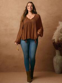 Rosumi 大码女式休闲宽松纯色长袖衬衫 - 棕色 - 查看 3