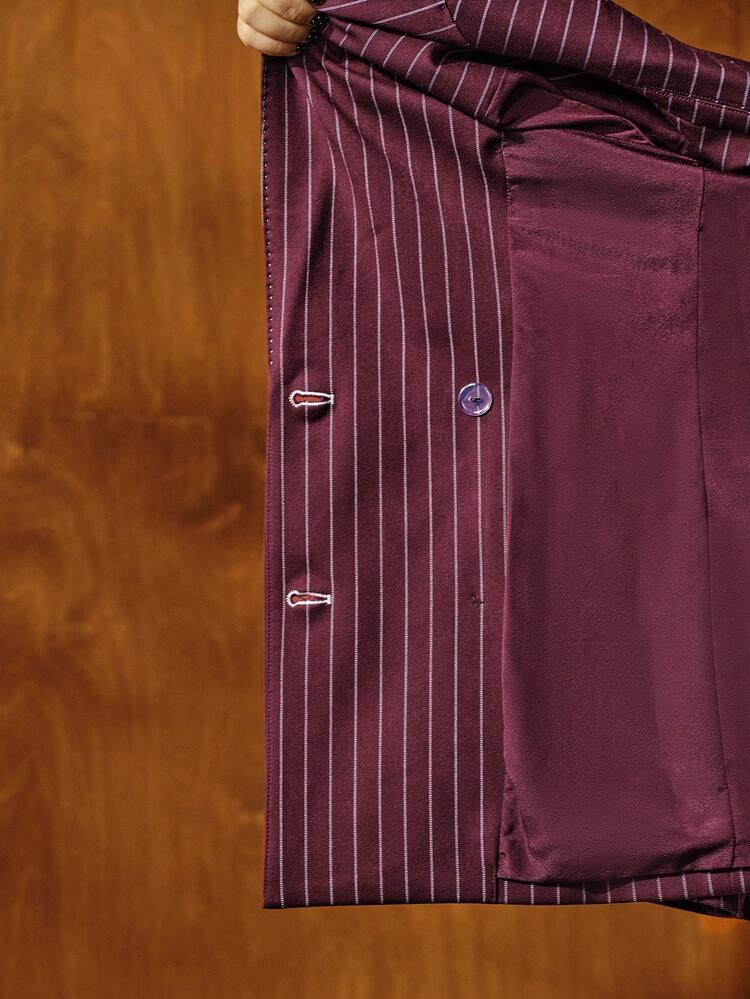 Conjunto de Terno Feminino Blazer de Manga Longa com Gola e Acabamento de Pérolas em Listras Finas, Estilo Urbano Chique para Outono/Inverno + Calça Reta de Cintura Alta, Conjunto de Terno Feminino