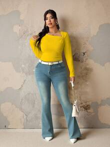 Flirla 大码女式纯色罗纹斜领褶裥长袖T恤，修身休闲上衣，适合叠穿 - 黃色 - 查看 5