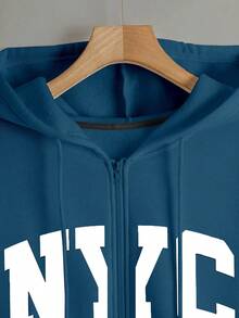 Franclia 女士经典简约字母印花拉链卫衣，适合秋季、教师装、返校季、毕业季、日常穿着、冬季等场合，百搭款式，女士长袖连帽卫衣 - 霧霾藍 - 查看 4