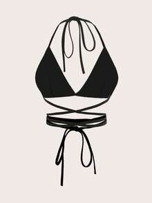 SHEIN ICON Women's Sexy Backless Tie-Up Halter Top, Minimalist Solid Color, Suitable For Summer Vacation - Black - View 2