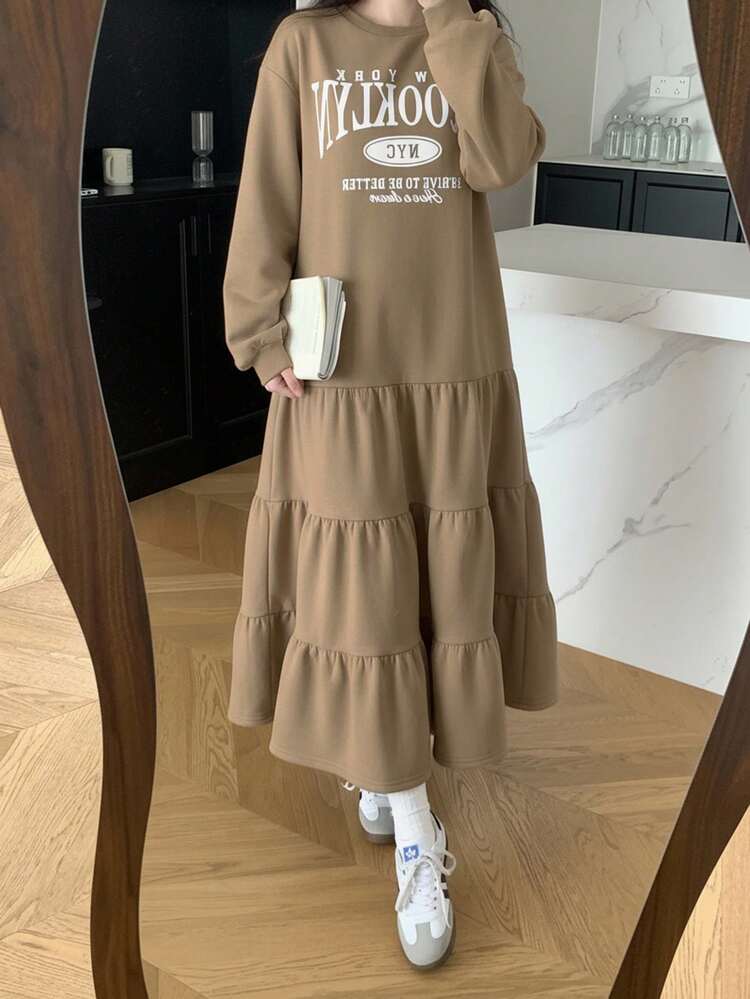 Teen Girls' Casual Loose Round Neck Drop Shoulder Thermal Lined Ruched Hem Dress, Back To School, Suitable For Autumn/Winter, Girls Long Dress - Apricot - View 5