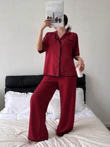 SHEIN 撞色翻领休闲宽松短袖睡衣套装 - 酒紅色 - 查看 3