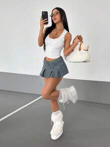 StreetHx Women's Sexy Casual Versatile Striped Waist Band Pleated Denim Mini Skirt - Dark Wash - View 3