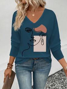 EMERY ROSE Women's Geometric Portrait Print V-Neck Long Sleeve Casual Versatile T-Shirt, Autumn/Winter Best Seller - Teal Blue - View 5