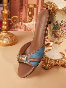 CUCCOO TILAWA Women's Blue & Brown PU Mixed Color Gold Buckle Retro Kitten Heel Round Toe Mule Sandals For Christmas - Multicolor - View 7