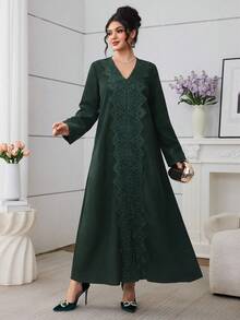 Al Najma Green Lace Trim Casual Everyday Arabic Style Dress For Women - Dark Green - View 6