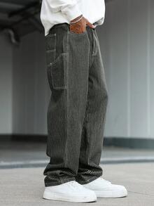 Manfinity Hypemode 男士休闲竖条纹多口袋军绿色工装牛仔裤，街头时尚 - 軍綠色 - 查看 4