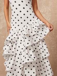 Lumalex 女士波点不对称荷叶边收腰连衣裙 - 杏色 - 查看 8