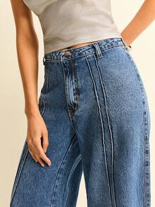 Daynim Quần jeans ống rộng cạp cao, đường may phía trước, chất liệu trơn. - Rửa trung bình - Xem 4
