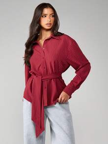 MISSGUIDED Belted Stripe Deep Cuff Poplin Shirt In Burgundy And White, Women - Burgundy - View 3