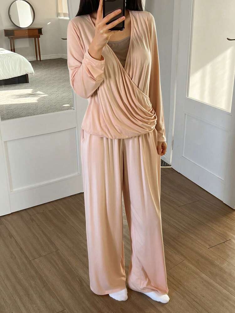 Women's Comfortable Knit 2 In 1 Pleated Design Loungewear Set
